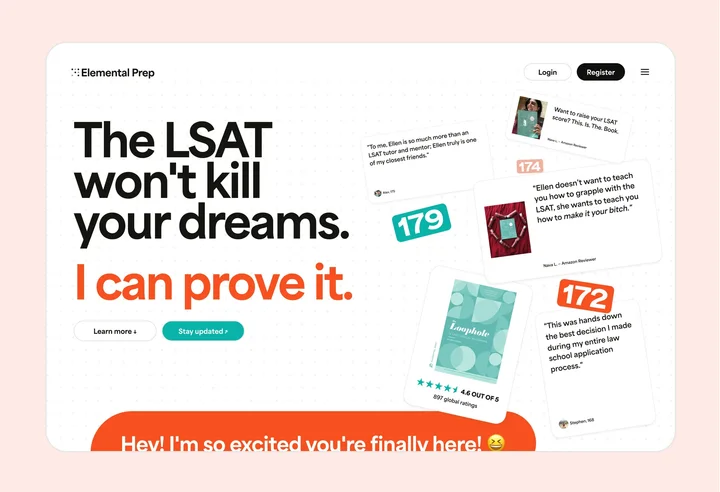 A white website layout pairs bold black and orange typography with book images and testimonial cards on pale pink.